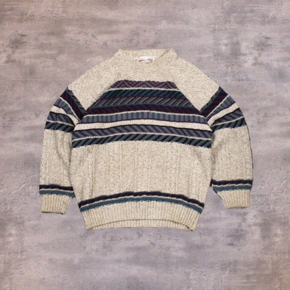 90's NorthernNord Pattern 3D Knit Cream Baggy Oversize Crewneck Sweater